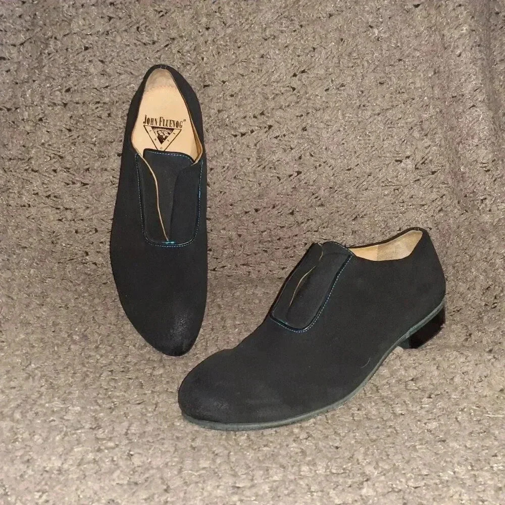 JOHN FLUEVOG-Kingsley-Black Waxed Suede-Laceless Oxford-SZ 7.5 Men-Near Mint